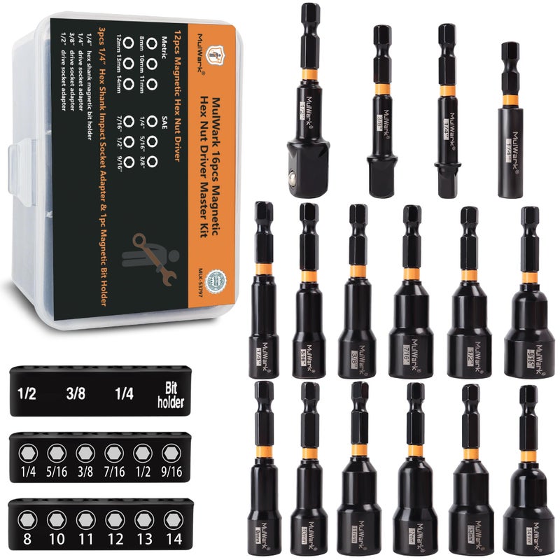 MulWark Magnetic Nut Driver Set 16 pcs Impact Driver Bit Set - Deep 1/4” Hex Shank Drill Bit Set - Impact Socket Adapters - Bit Extension Quick Change Torx Bit Set - Image 1