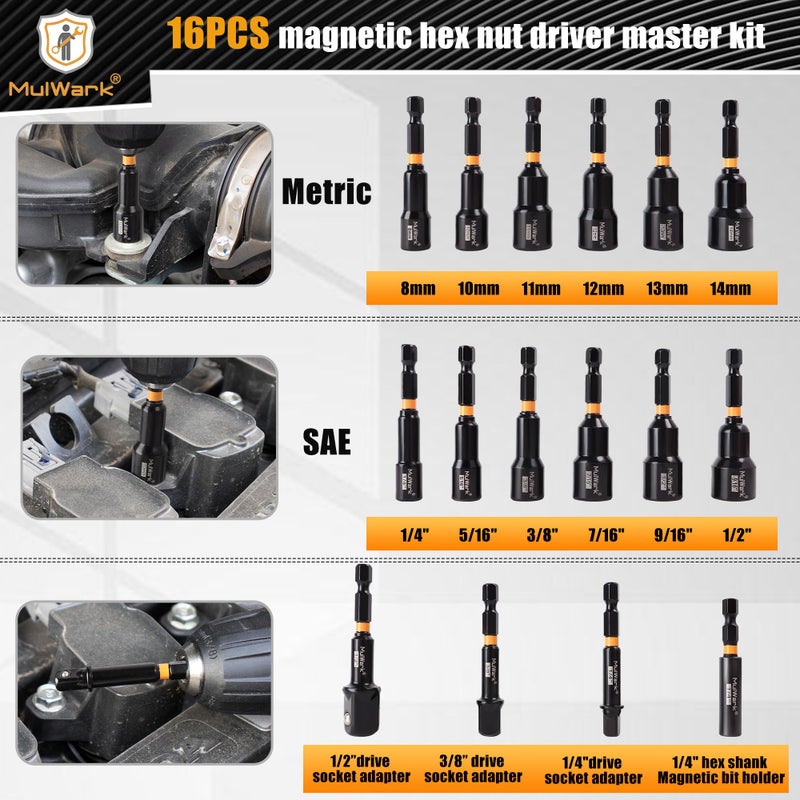 MulWark Magnetic Nut Driver Set 16 pcs Impact Driver Bit Set - Deep 1/4” Hex Shank Drill Bit Set - Impact Socket Adapters - Bit Extension Quick Change Torx Bit Set - Image 3
