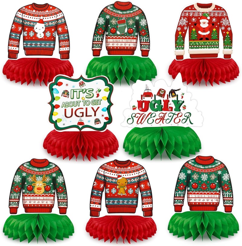 Konsait Konsait Ugly Christmas Sweater Party Decorations Centerpiece 8PCS Ugly Sweater Honeycomb Table Decorations Christmas Party Supplies Ugly Sweater Theme Party Decorations - Image 1