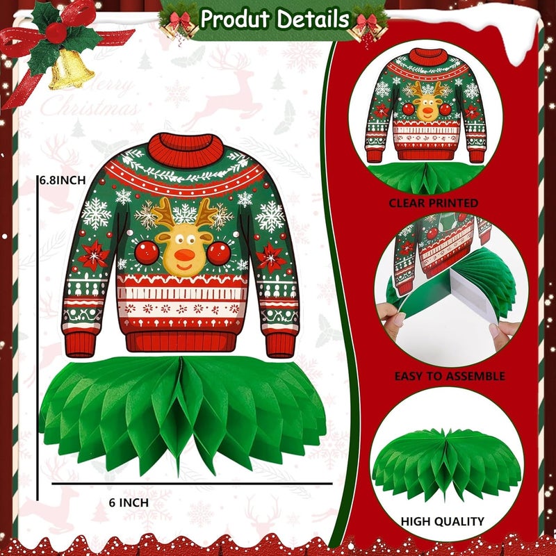 Konsait Konsait Ugly Christmas Sweater Party Decorations Centerpiece 8PCS Ugly Sweater Honeycomb Table Decorations Christmas Party Supplies Ugly Sweater Theme Party Decorations - Image 2