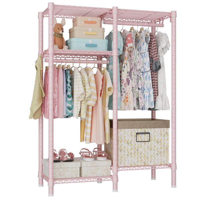 Ulif F1 Clothes Rack for Kids, Baby, Students, and Children's Room, 4 Tiers Portable Metal Closet Clothing Rack, Small Garment Rack with 2 Hanging Rod, 31.2" W x 11.8" D x 48" H, Pink - Image 1