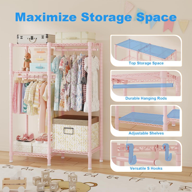 Ulif F1 Clothes Rack for Kids, Baby, Students, and Children's Room, 4 Tiers Portable Metal Closet Clothing Rack, Small Garment Rack with 2 Hanging Rod, 31.2" W x 11.8" D x 48" H, Pink - Image 5