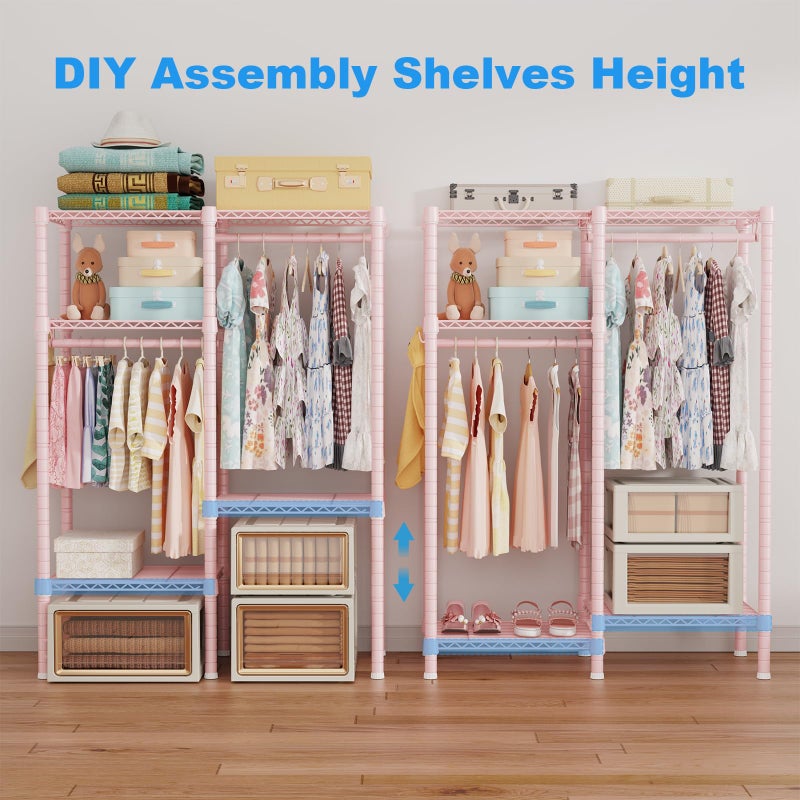 Ulif F1 Clothes Rack for Kids, Baby, Students, and Children's Room, 4 Tiers Portable Metal Closet Clothing Rack, Small Garment Rack with 2 Hanging Rod, 31.2" W x 11.8" D x 48" H, Pink - Image 4