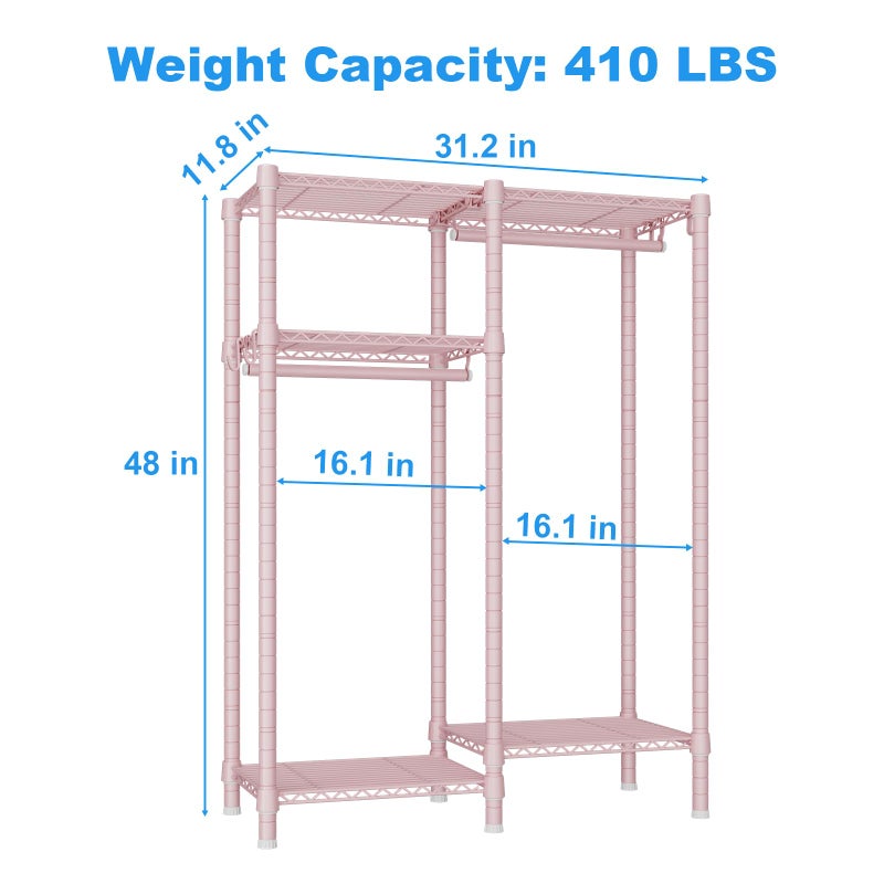 Ulif F1 Clothes Rack for Kids, Baby, Students, and Children's Room, 4 Tiers Portable Metal Closet Clothing Rack, Small Garment Rack with 2 Hanging Rod, 31.2" W x 11.8" D x 48" H, Pink - Image 3