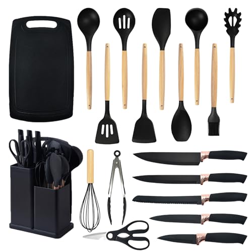 SHUNIKING Cooking Utensils Set,19 Kitchen Set Utensils Set with 11 Pieces Spatula Cooking Utensils,Heat Resistant Silicone Utensils 6 Piece Sharp Knife Set 2 Pieces Utensil Cutting Board (Black 19 PCS Set) - Image 1