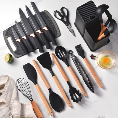 SHUNIKING Cooking Utensils Set,19 Kitchen Set Utensils Set with 11 Pieces Spatula Cooking Utensils,Heat Resistant Silicone Utensils 6 Piece Sharp Knife Set 2 Pieces Utensil Cutting Board (Black 19 PCS Set) - Image 3
