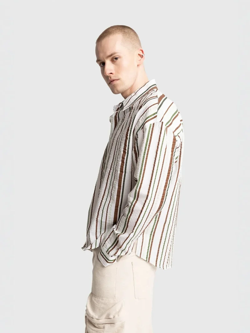 Giesto Khaki Green GIESTO Relaxed Fit Striped Cotton Shirt for Men | Best Price UAE