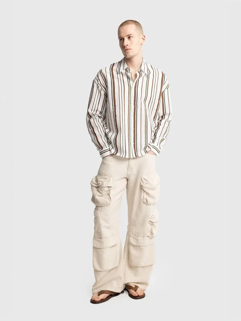 Giesto Khaki Green GIESTO Relaxed Fit Striped Cotton Shirt for Men | Best Price UAE