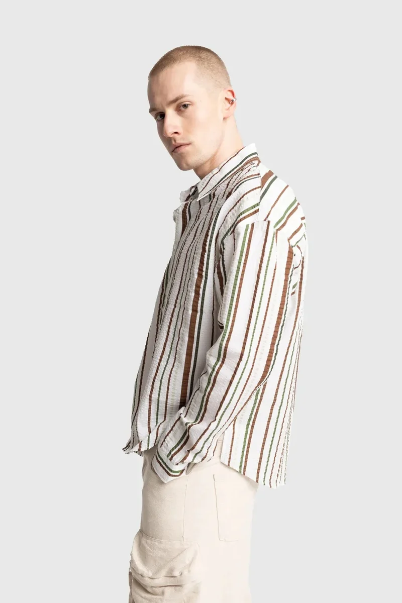 Giesto Khaki Green GIESTO Relaxed Fit Striped Cotton Shirt for Men | Best Price UAE