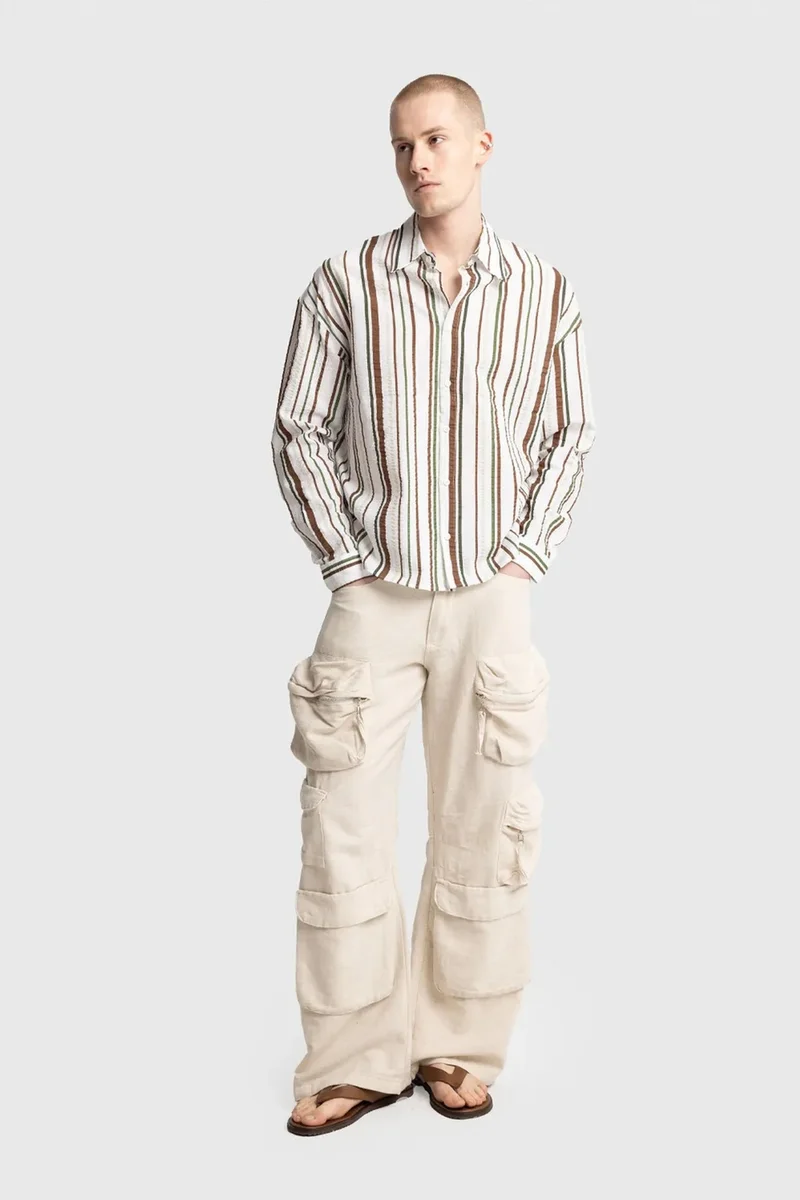 Giesto Khaki Green GIESTO Relaxed Fit Striped Cotton Shirt for Men | Best Price UAE