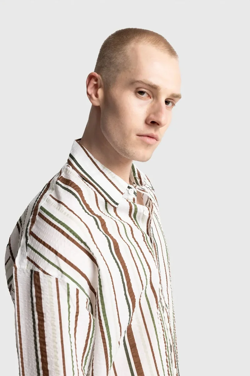 Giesto Khaki Green GIESTO Relaxed Fit Striped Cotton Shirt for Men | Best Price UAE