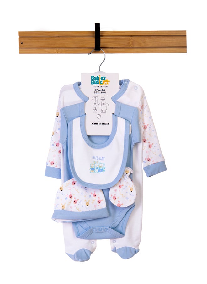 Babies Basic 5 Piece Unisex 100% Cotton Gift Set Include Bib, Romper, Mittens, Cap And Sleepsuit/Jumpsuit- Hug Day  - Image 1