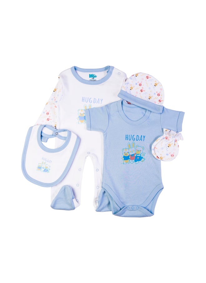 Babies Basic 5 Piece Unisex 100% Cotton Gift Set Include Bib, Romper, Mittens, Cap And Sleepsuit/Jumpsuit- Hug Day  - Image 2