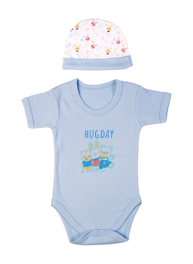 Babies Basic 5 Piece Unisex 100% Cotton Gift Set Include Bib, Romper, Mittens, Cap And Sleepsuit/Jumpsuit- Hug Day  - Image 4