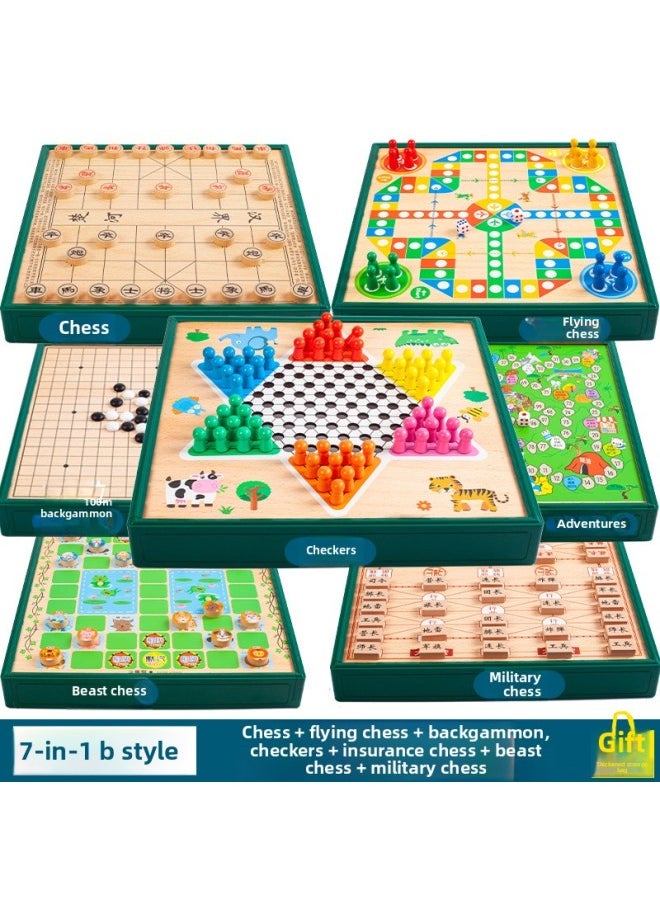 Generic - Flying Chess Gobang Chess Children's Puzzle Chess Checkers Elementary School Student Multi-function Game Board Toy Chess-Color:Seven In One B - Image 1