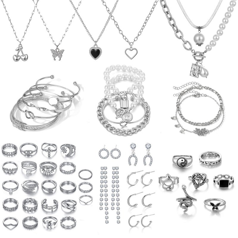 17IF 53 PCS(8 PACK) Silver Plated Jewelry Set with 6 Necklace 11 Ankle Bracelet 30 Kunckle Ring 6 Pair Earring hoop Vintage Boho Pearl for Women and Birthday Travel Holiday - Image 1