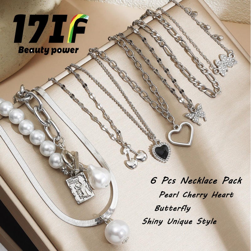 17IF 53 PCS(8 PACK) Silver Plated Jewelry Set with 6 Necklace 11 Ankle Bracelet 30 Kunckle Ring 6 Pair Earring hoop Vintage Boho Pearl for Women and Birthday Travel Holiday - Image 3