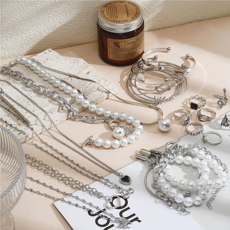 17IF 53 PCS(8 PACK) Silver Plated Jewelry Set with 6 Necklace 11 Ankle Bracelet 30 Kunckle Ring 6 Pair Earring hoop Vintage Boho Pearl for Women and Birthday Travel Holiday - Image 2