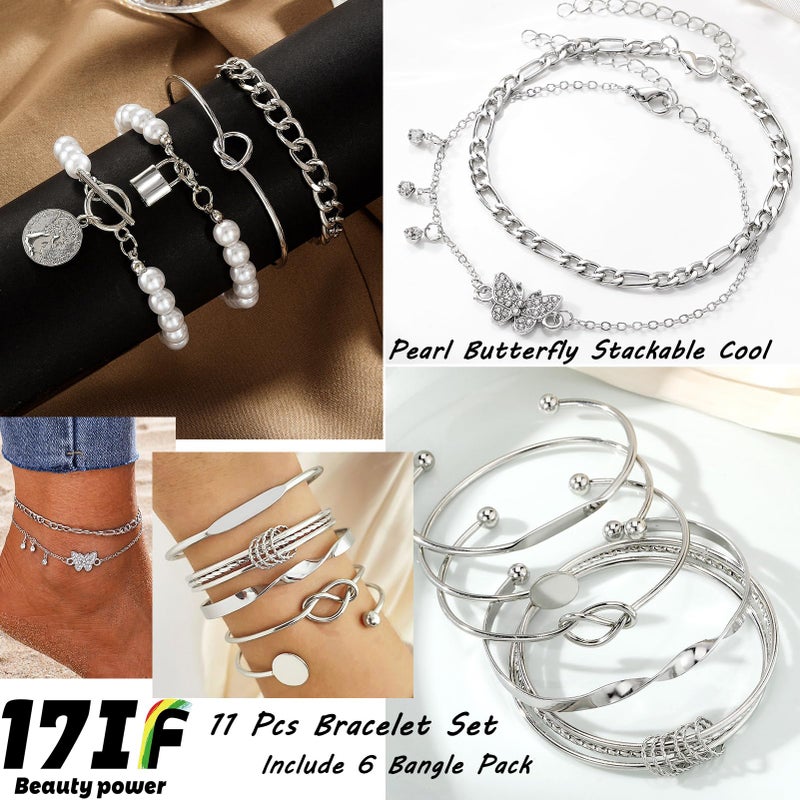 17IF 53 PCS(8 PACK) Silver Plated Jewelry Set with 6 Necklace 11 Ankle Bracelet 30 Kunckle Ring 6 Pair Earring hoop Vintage Boho Pearl for Women and Birthday Travel Holiday - Image 5