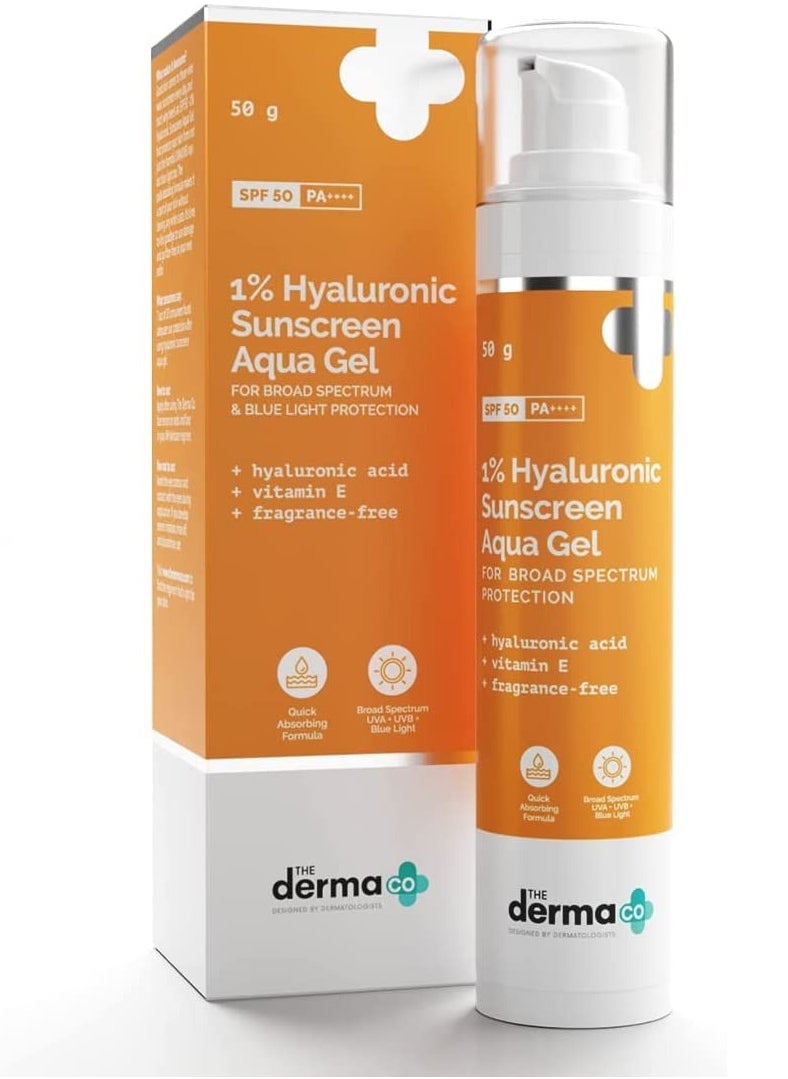 THE derma Co - 1% Hyaluronic Sunscreen Aqua Ultra Light Gel with SPF 50 For Broad Spectrum UV A UV & Blue Light Protection  50g - Image 1