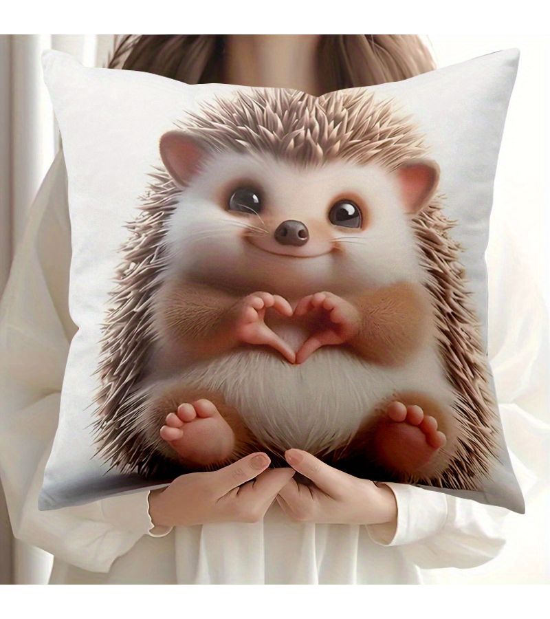 20 Inch Hedgehog Heart Paw Pillow Cover Polyester Machine Washable Zippered Decorative Cushion For Sofa Bed - Image 1