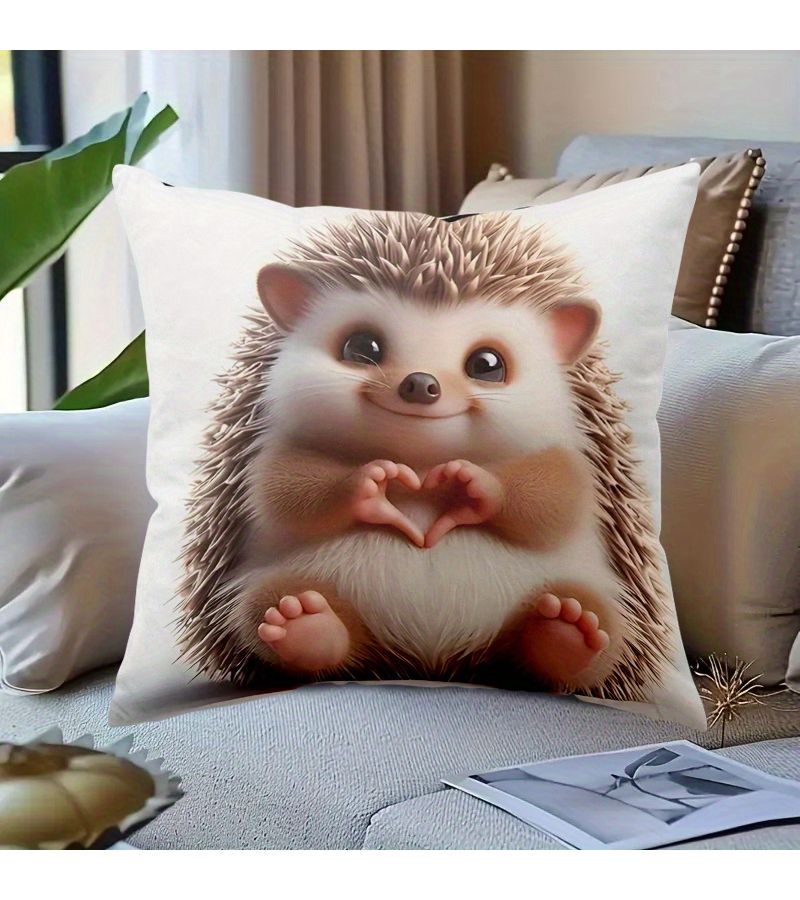 20 Inch Hedgehog Heart Paw Pillow Cover Polyester Machine Washable Zippered Decorative Cushion For Sofa Bed - Image 2