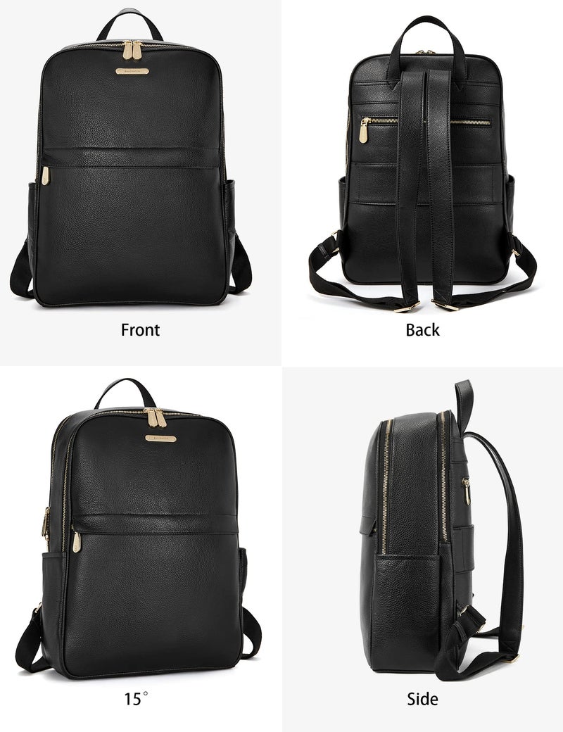 BOSTANTEN Genuine Leather 15.6 inch Laptop Backpack Purse for Women College Casual Backpack Travel Bag Daypack Black - Image 5