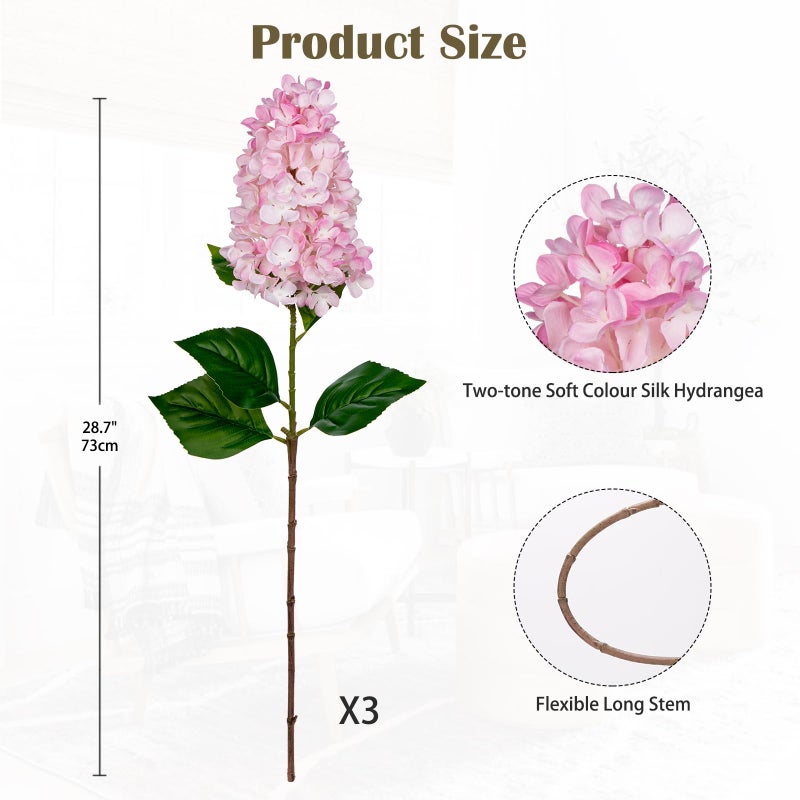Arborus 3PCS Fake Flowers Hydrangea Artificial Flowers 28" Long Stem Pink Faux Flowers for Vase, Real Touch Silk Flowers DÃ©cor for Floral Arrangement Home Farmhouse Office Hotel Decoration - Image 2