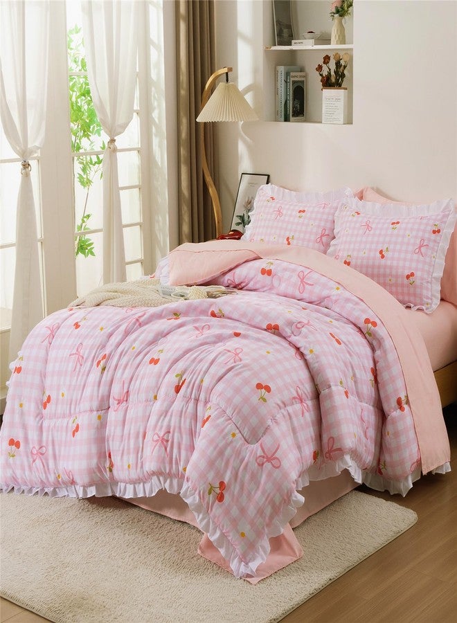 NTBED Twin Ruffles Gingham Kids Comforter Set for Girls,Floral Farmhouse Ruffled Bedding Sets,5 Pieces Checkered Bow Bed in a Bag(Pink) - Image 2