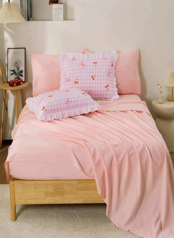 NTBED Twin Ruffles Gingham Kids Comforter Set for Girls,Floral Farmhouse Ruffled Bedding Sets,5 Pieces Checkered Bow Bed in a Bag(Pink) - Image 3