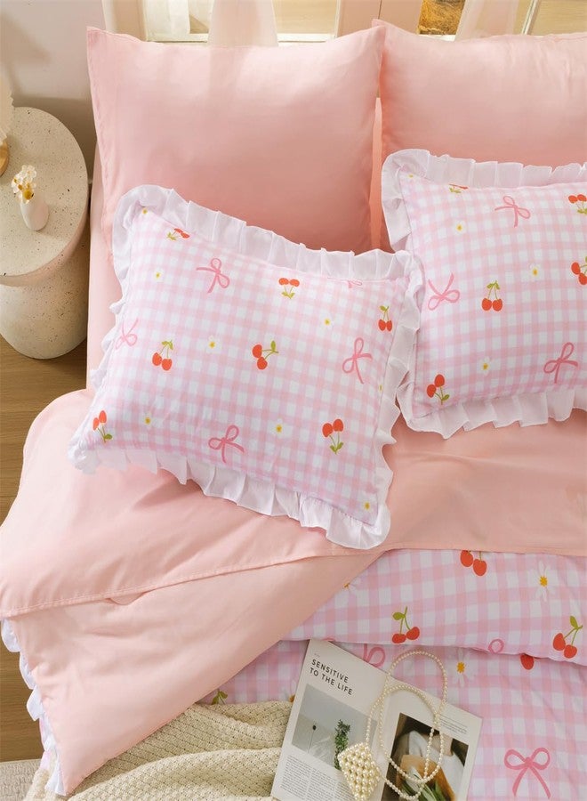 NTBED Twin Ruffles Gingham Kids Comforter Set for Girls,Floral Farmhouse Ruffled Bedding Sets,5 Pieces Checkered Bow Bed in a Bag(Pink) - Image 5