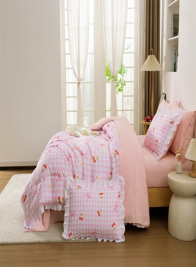 NTBED Twin Ruffles Gingham Kids Comforter Set for Girls,Floral Farmhouse Ruffled Bedding Sets,5 Pieces Checkered Bow Bed in a Bag(Pink) - Image 4