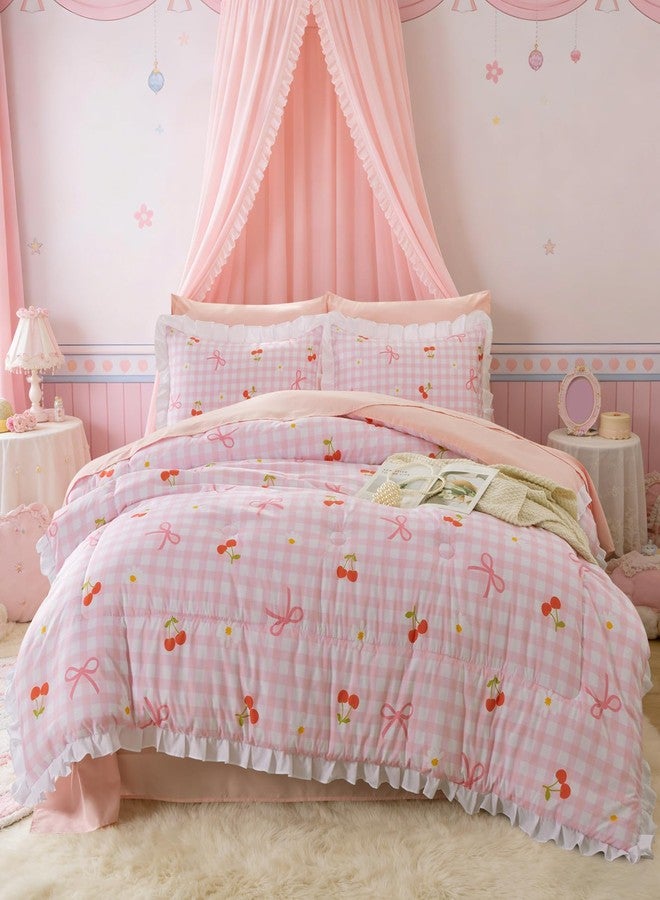 NTBED Twin Ruffles Gingham Kids Comforter Set for Girls,Floral Farmhouse Ruffled Bedding Sets,5 Pieces Checkered Bow Bed in a Bag(Pink) - Image 1