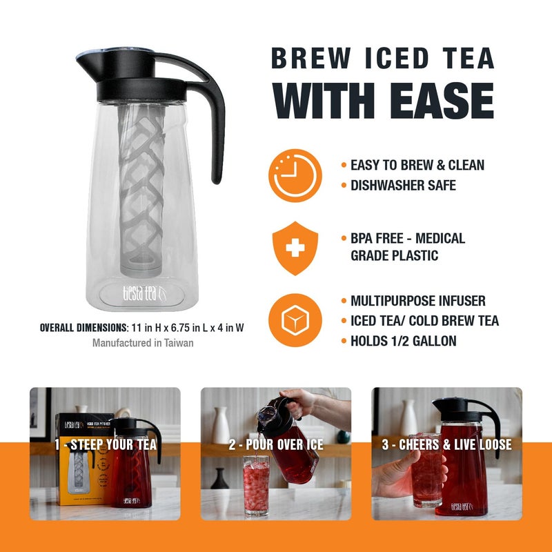 Tiesta Tea تييستا تي - إبريق شاي مثلج بأوراق فضفاضة، بلاستيك تريتان خالي من BPA، يشمل مصفاة نايلون متعددة الاستخدامات، يمكن تحضيره ساخنًا وباردًا، غطاء لولبي مقاوم للتسرب، آمن في غسالة الصحون، سعة 1/2 جالون - Image 2