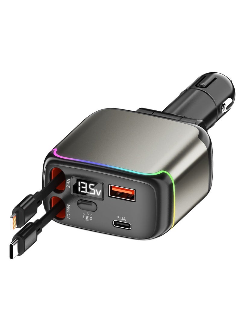 TONEOF Magnetic Car Phone Holder, 360° Rotatable and Foldable, with Vacuum Suction Cup and Magnetic Ring, Mini Car Phone Mount with Magnetic Ring, for Car/Desk/Mirror and Other Smooth Surface & 137W Retractable Car Charger for Cigarette Lighter, PD 65W Fast Charging Car Charger, 90cm Retractable Lightning and Type-C Cables, USB-A and USB-C Port, Over-heating Protection, Cool Lighting, for iPhone Android Tablets and Other Devices Bundle - Image 3