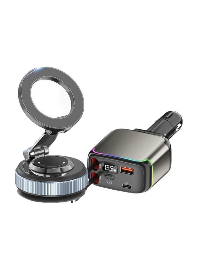 TONEOF Magnetic Car Phone Holder, 360° Rotatable and Foldable, with Vacuum Suction Cup and Magnetic Ring, Mini Car Phone Mount with Magnetic Ring, for Car/Desk/Mirror and Other Smooth Surface & 137W Retractable Car Charger for Cigarette Lighter, PD 65W Fast Charging Car Charger, 90cm Retractable Lightning and Type-C Cables, USB-A and USB-C Port, Over-heating Protection, Cool Lighting, for iPhone Android Tablets and Other Devices Bundle - Image 1