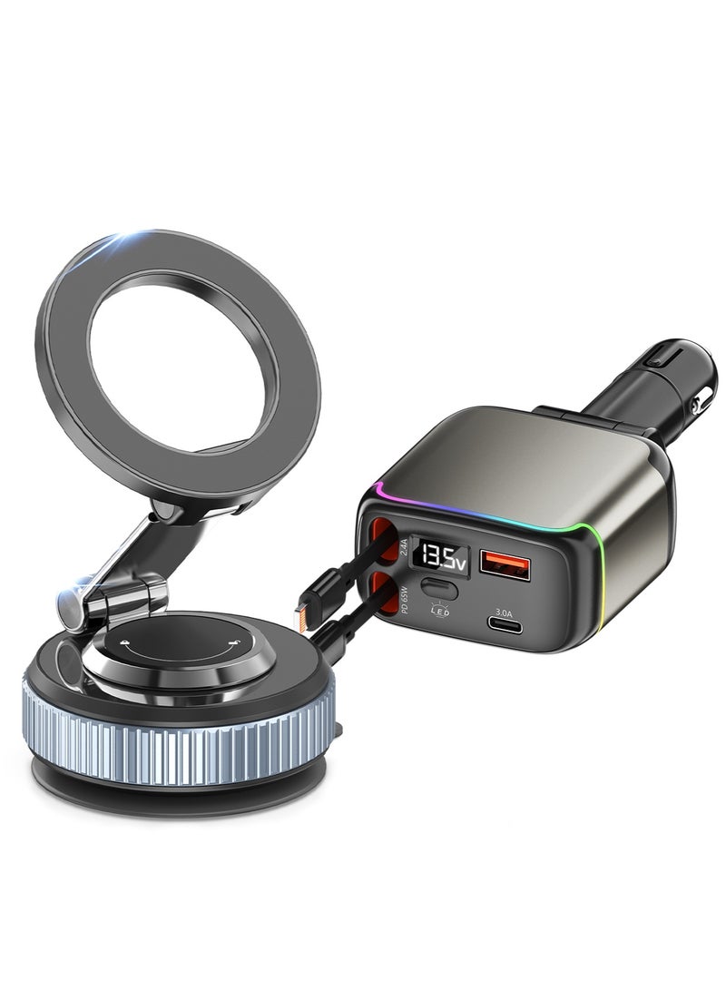 TONEOF حامل هاتف مغناطيسي للسيارة، قابل للدوران 360° وقابل للطي، مع كوب شفط فراغ وحلقة مغناطيسية، حامل هاتف صغير للسيارة مع حلقة مغناطيسية، للسيارة/المكتب/المرآة والأسطح الملساء الأخرى & شاحن سيارة قابل للسحب 137 واط لموقد السجائر، شاحن سيارة سريع PD 65 واط، كابلات لايتنينغ وType-C قابلة للسحب بطول 90 سم، منفذ USB-A وUSB-C، حماية من ارتفاع درجة الحرارة، إضاءة رائعة، لحزمة أجهزة iPhone وأجهزة Android والتابلت وغيرها من الأجهزة. - Image 1