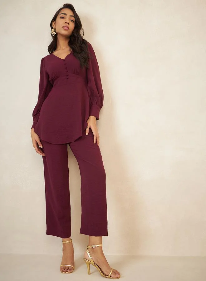Femmella Solid Longline Curved Hem Top and Pants Co-Ords