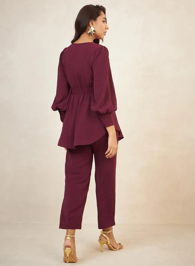 Femmella Solid Longline Curved Hem Top and Pants Co-Ords