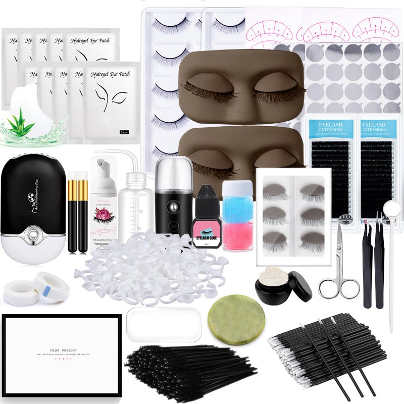 Lash Extension Kit Professional Eyelash Extensions Supplies Training for Beginners Mannequin Head Grafting Lash USB Fan Lash Shampoo Brush Spraye 007D Curl Mix 815mm Practice Eyelash Strips