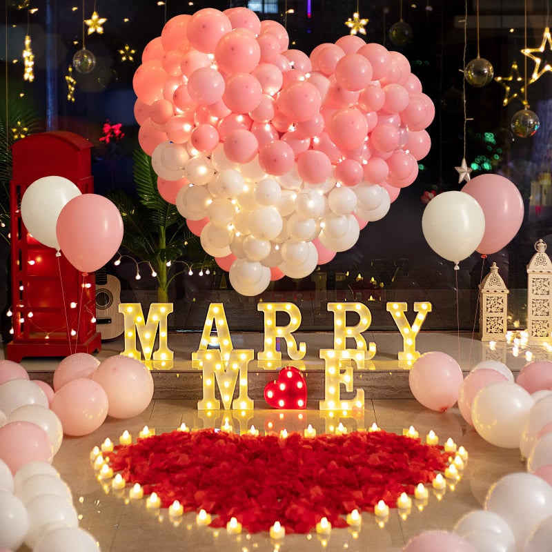 GPUSFAK 6132pcs Marry Me Marquee Light Up Letters LED Letter Number Light Sign with Round Light Rose Petal Balloons Decoration for Proposal Engagement Wedding Home Table Decor White