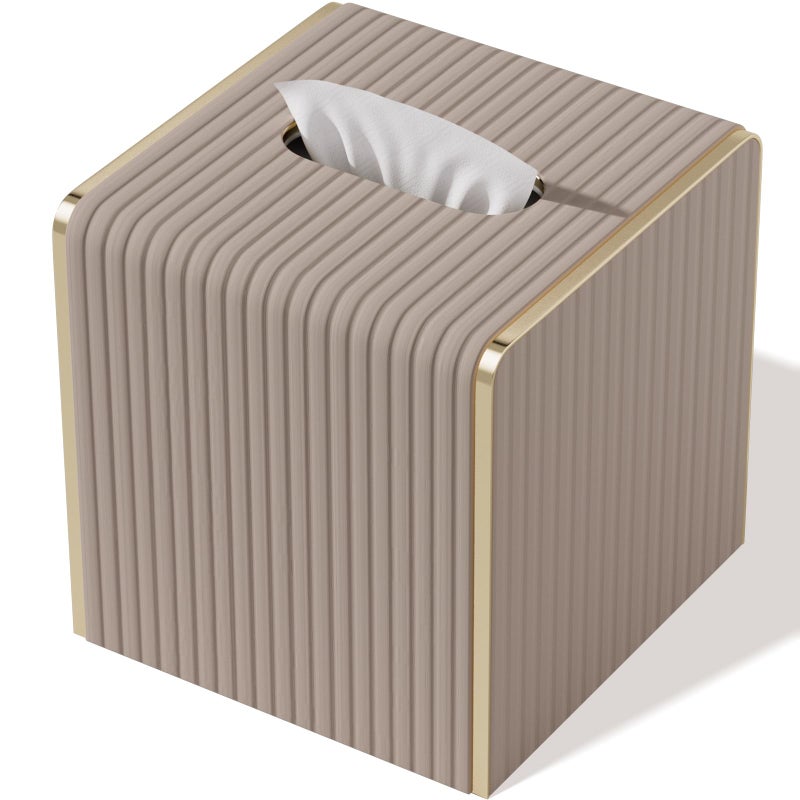 LADSTAG Tissue Box Cover,Beige Cube Leather Tissue Box Holders with Gold-Tone Edging Accents,Decorative Tissue Covers for Bathroom Toilet Bedroom Living Room Table Desk Office Car,Decor Aesthetic - Image 1