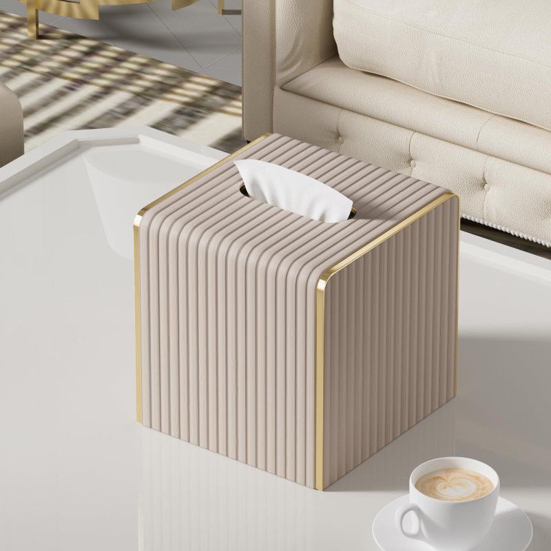 LADSTAG Tissue Box Cover,Beige Cube Leather Tissue Box Holders with Gold-Tone Edging Accents,Decorative Tissue Covers for Bathroom Toilet Bedroom Living Room Table Desk Office Car,Decor Aesthetic - Image 5