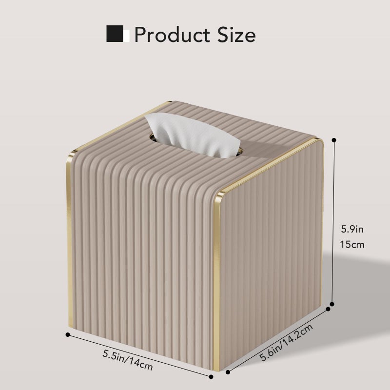 LADSTAG Tissue Box Cover,Beige Cube Leather Tissue Box Holders with Gold-Tone Edging Accents,Decorative Tissue Covers for Bathroom Toilet Bedroom Living Room Table Desk Office Car,Decor Aesthetic - Image 3