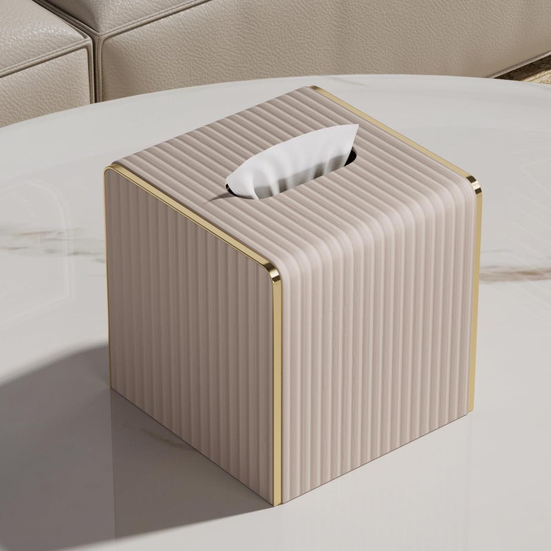 LADSTAG Tissue Box Cover,Beige Cube Leather Tissue Box Holders with Gold-Tone Edging Accents,Decorative Tissue Covers for Bathroom Toilet Bedroom Living Room Table Desk Office Car,Decor Aesthetic - Image 2