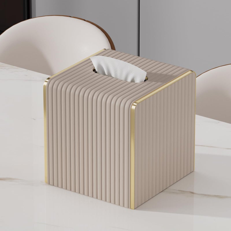 LADSTAG Tissue Box Cover,Beige Cube Leather Tissue Box Holders with Gold-Tone Edging Accents,Decorative Tissue Covers for Bathroom Toilet Bedroom Living Room Table Desk Office Car,Decor Aesthetic - Image 4