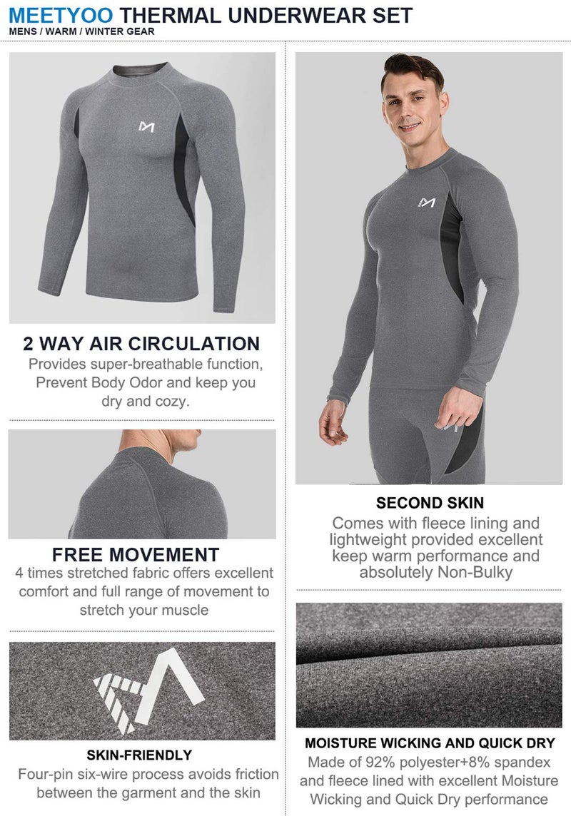 MEETYOO Thermal Underwear for Men, Winter Gear Long Johns Base Layer Top and Bottom Set for Skiing Running, Grey, X-Large - Image 3