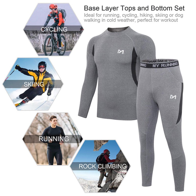 MEETYOO Thermal Underwear for Men, Winter Gear Long Johns Base Layer Top and Bottom Set for Skiing Running, Grey, X-Large - Image 4