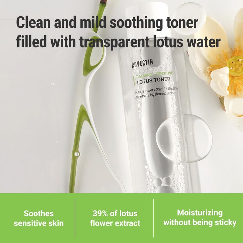 ROVECTIN Calming Lotus Water Toner - pH4.7 Extra Soothing and Hydrating for Trouble Care | 40% Lotus Flower Extract for Purifying | Hyaluronic Acid, Alcohol-Free, Vegan, K-Beauty (6.76 fl. oz, 200ml) - Image 2