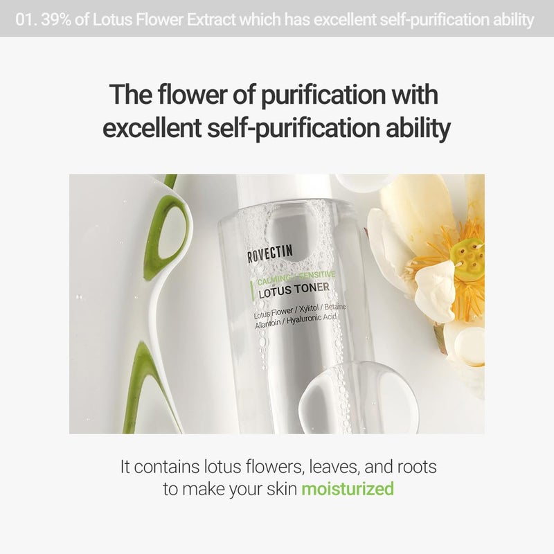 ROVECTIN Calming Lotus Water Toner - pH4.7 Extra Soothing and Hydrating for Trouble Care | 40% Lotus Flower Extract for Purifying | Hyaluronic Acid, Alcohol-Free, Vegan, K-Beauty (6.76 fl. oz, 200ml) - Image 5